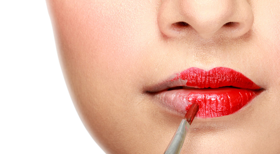 Apply Red Lipstick Brush Make Up Beauty