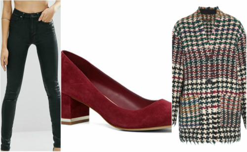 outfit grid: red block heels, coated jeans and tartan peacoat