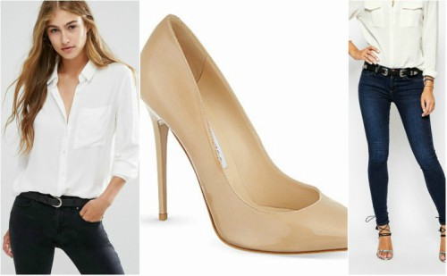 classic jeans look with white shirt and nude heels