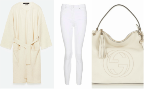 Outfit grid cream waterfall cardigan , white jeans and gucci bag. How to Wear white in winter