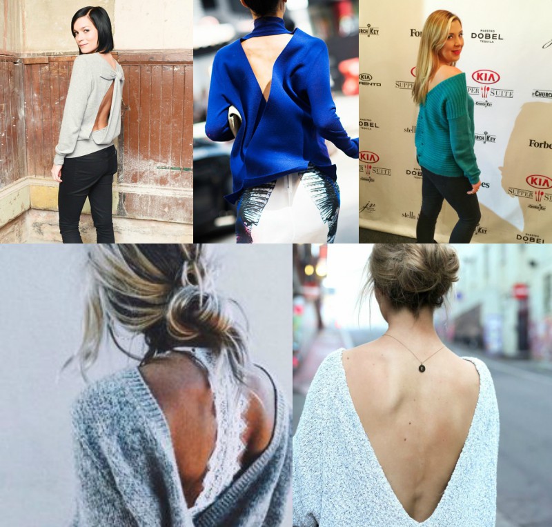 Outfit grid of celeb inspiration wearing backless sweaters