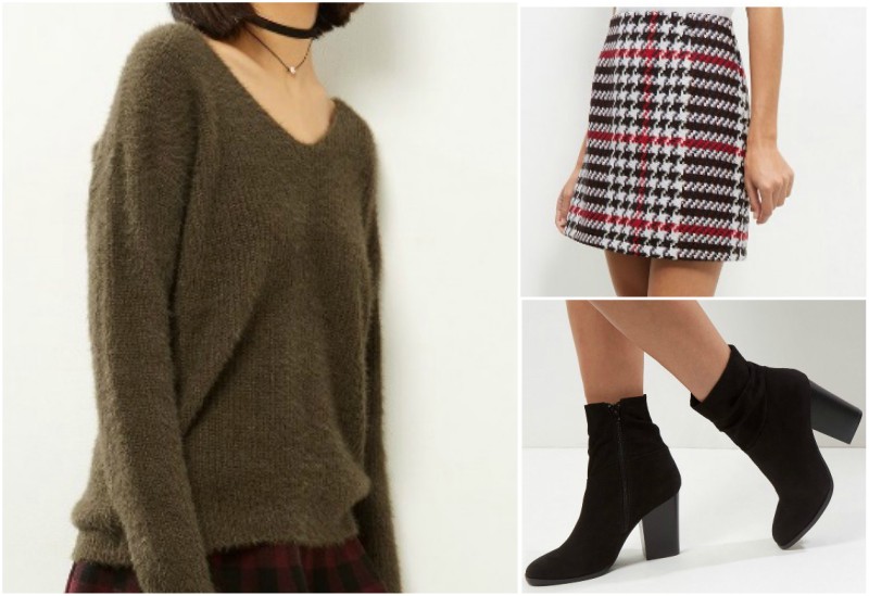 Backless sweater outfit grid inspiration with houndstooth mini skirt and black ankle boots