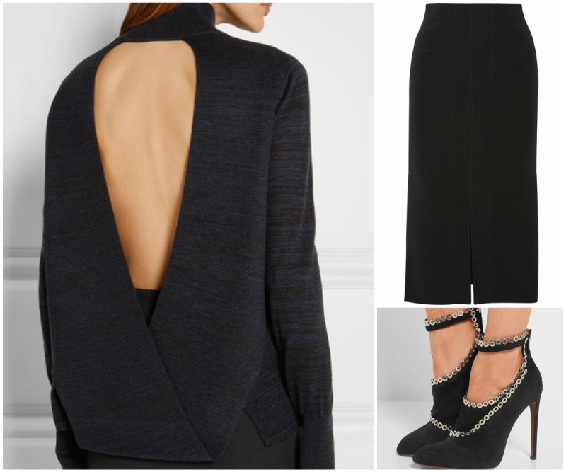 Black backless sweater outfit grid with black shoe boots