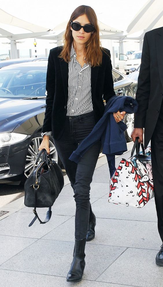 Alexa Chung Striped shirt, black jeans and blazer outfit