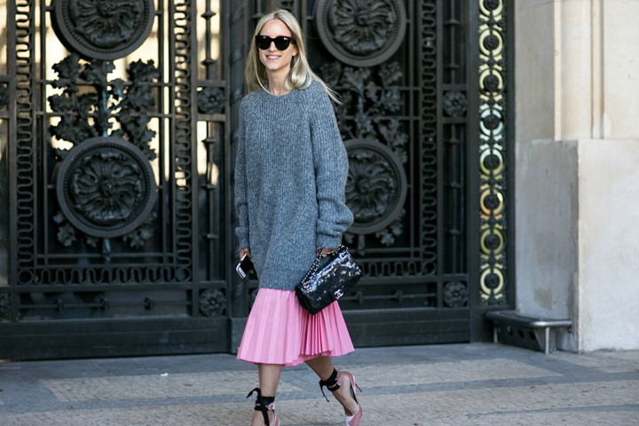 Street style imagery pink dress and grey sweater