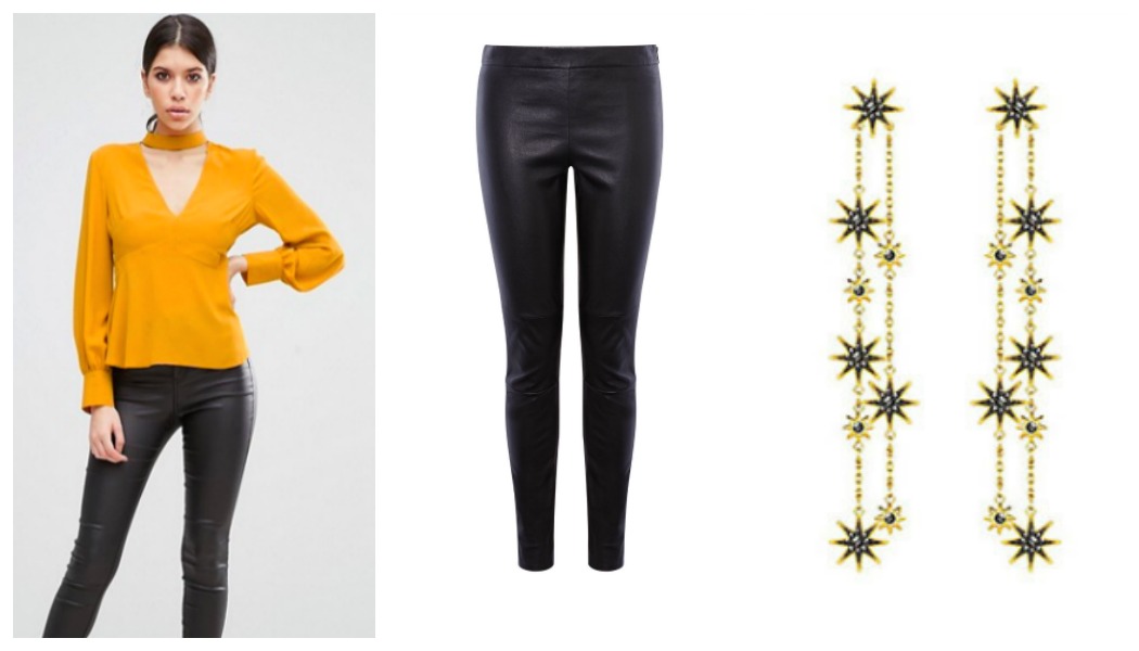yellow-top-leather-trousers-earrings-outfit-grid New Year's Eve
