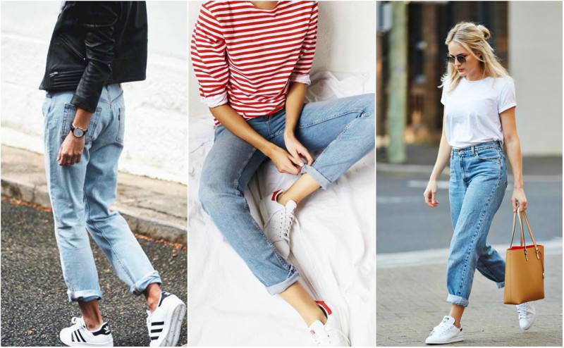 how to style mom jeans for the weekend with trainers and breton top