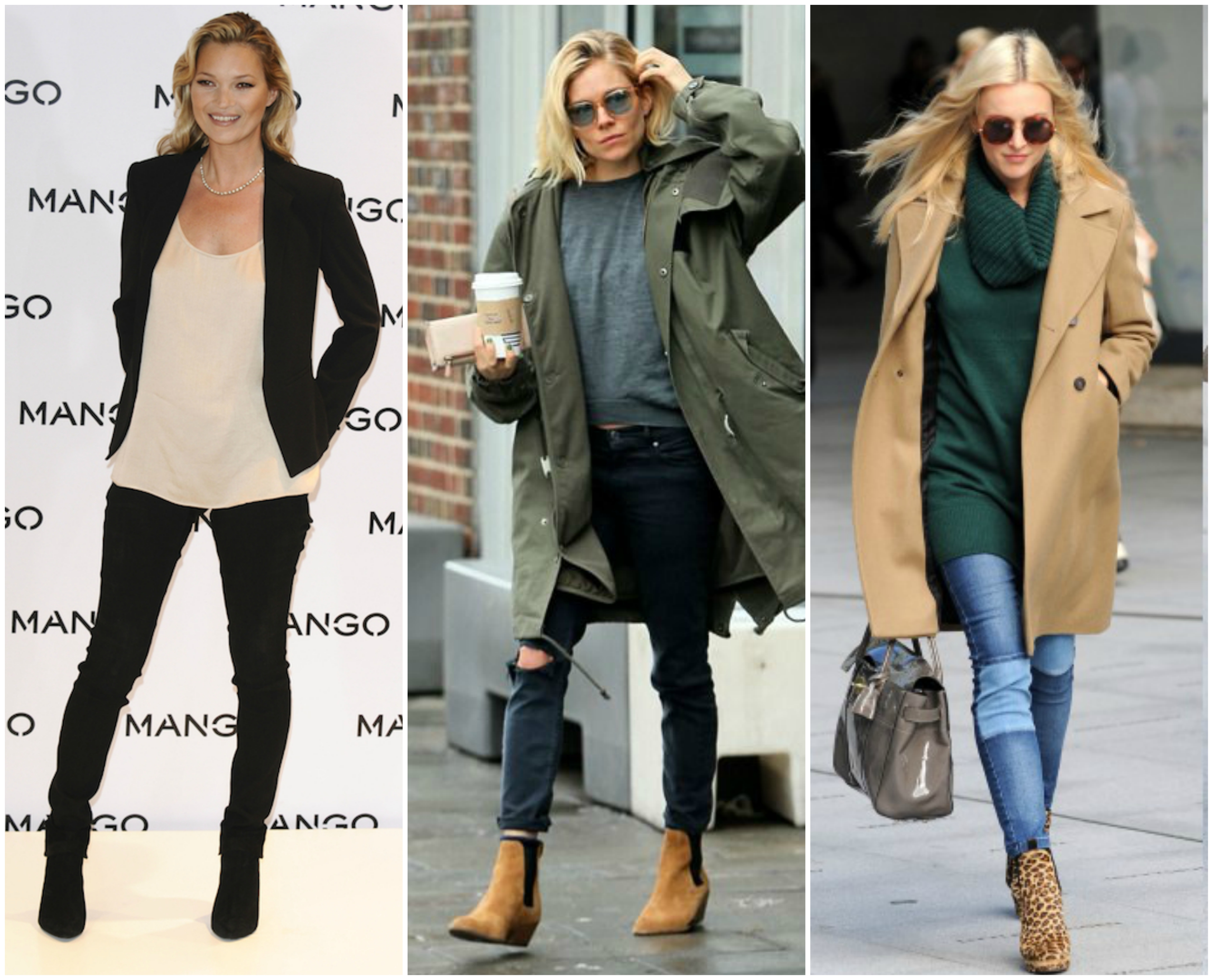 Kate Moss, Sienna Miller and Fearne Cotton demonstrate how to wear Chelsea boots during the day