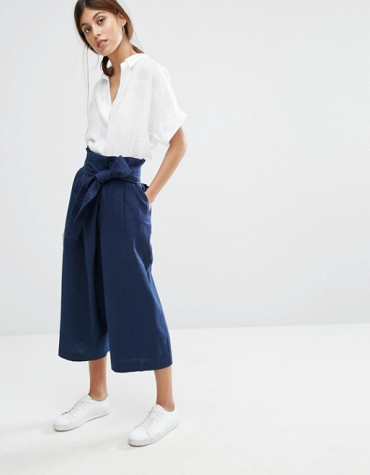 Wrap paper bag waist flared cropped trousers