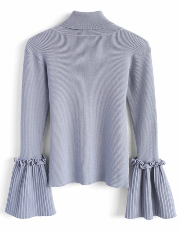 Turtleneck top with flared sleeves in dusky blue