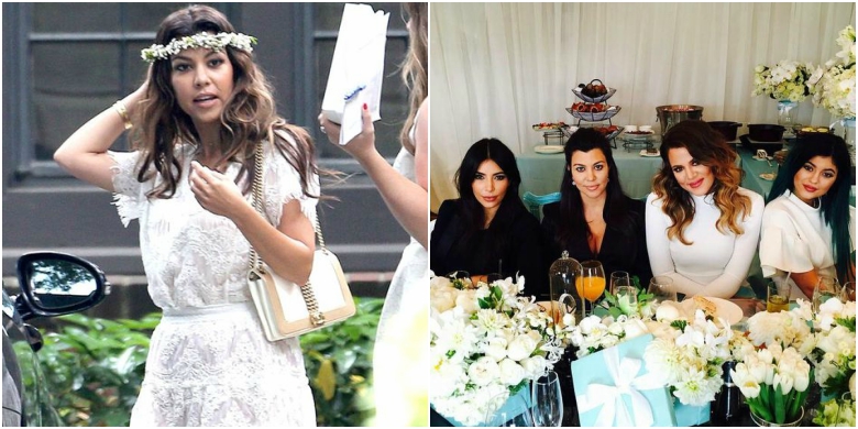 Kourtney Kardashian in white lace dress with flower crown; Kim Kardashian, Courtney Kardashian, Khloe Kardashian and Kylie Jenner in black and white outfits