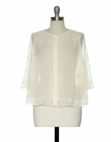 Sheer cream top with lace sleeves and hem