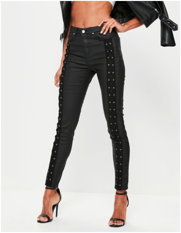 Missguided Black High-waisted Coated Lace-up Skinny Jeans
