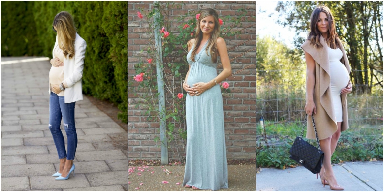 Three pregnant women show off beautiful baby shower styles: ripped jeans with blue heels, white top and cream blazer; green maxi dress; white body con dress with camel coloured coat 