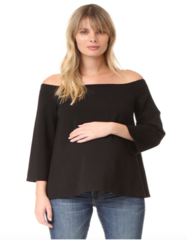 Black off shoulder maternity top with flared sleeves