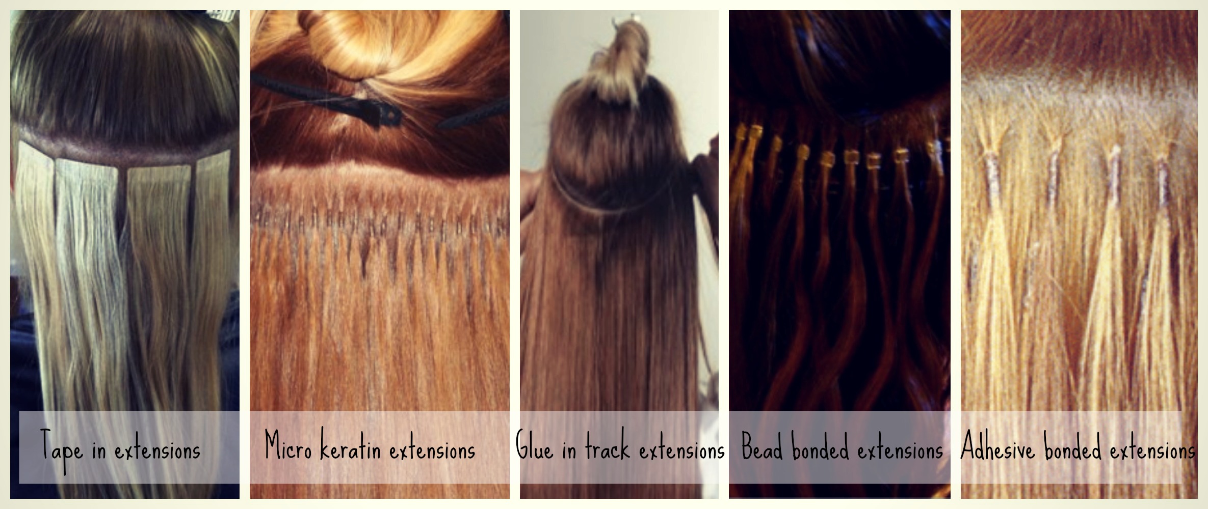 Different types of hair extensions demonstrated: tape in, micro keratin, glue in, bead bonded, and adhesive bonded.