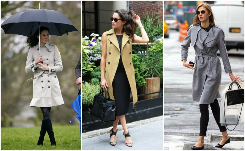 Kate Middleton, Meghan Markle and Karlie Kloss wearing trench coats during the day