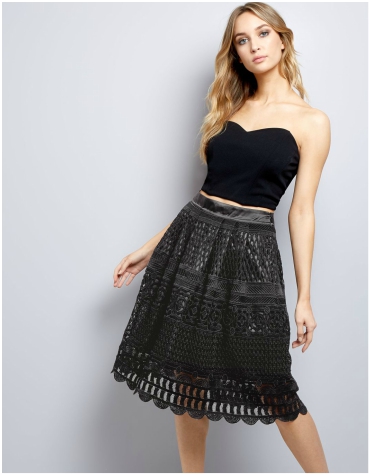 New Look black cut out lace midi skirt
