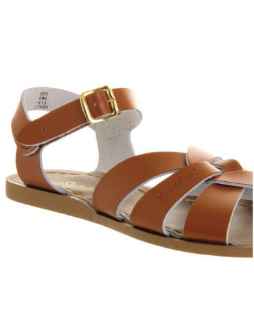 Office tan leather flat sandals with buckle