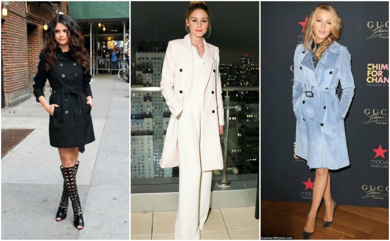 Selena Gomez, Olivia Palermo and Blake Lively wearing trench coats at night