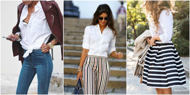 Three ways to wear a white shirt: with jeans, cigarette trousers and a-line skirt
