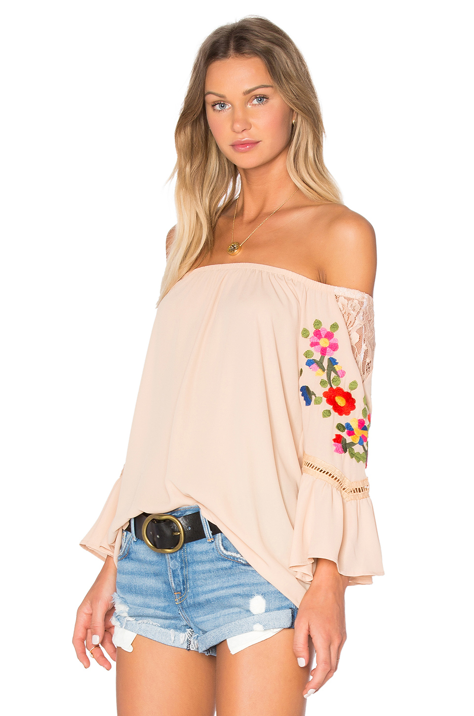 Peach embroidered off shoulder top