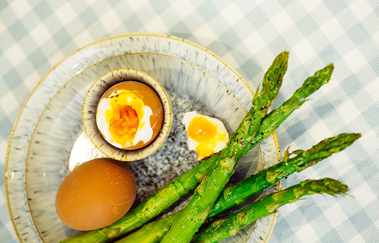 low carb breakfast idea: soft boiled eggs and asparagus
