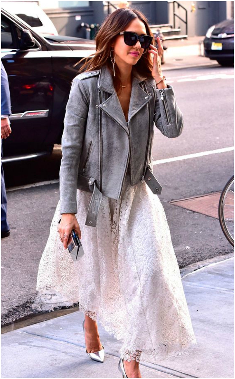 Jessica Alba grey leather jacket pink lace midi skirt metallic heels