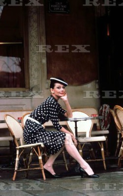 Audrey Hepburn semi formal style black and white polka dot dress outside cafe in Paris - shop the look