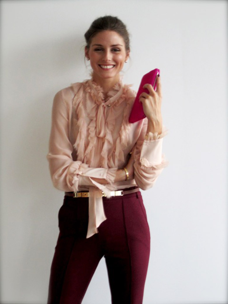 Olivia-Palermo-Burgundy-Trousers-Blouse-Wedding-Guest-Dresses-Alexie