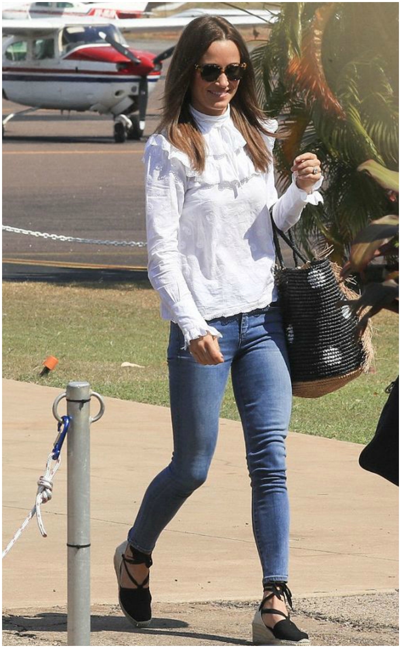 Pippa Middleton white ruffled long sleeve top blue jeans