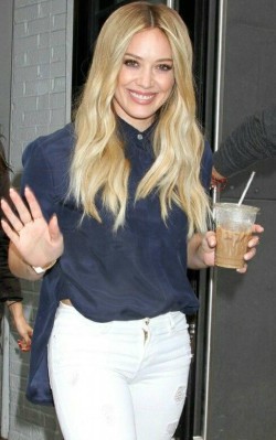 Hilary Duff street style blue silk shirt and ripped white jeans - shop the look