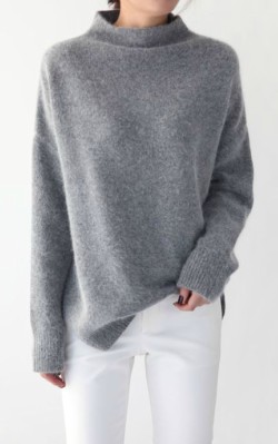 Grey oversized cashmere sweater/ jumper with loose neck styled with white jeans - shop the look