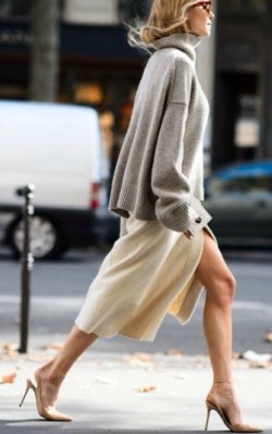 Grey oversized cashmere sweater/ jumper with polar neck worn over satin slip dress - shop the loo