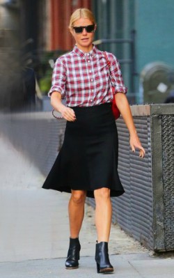 Gwyneth Paltrow street style check shirt, back skirt and chelsea boots - shop the look