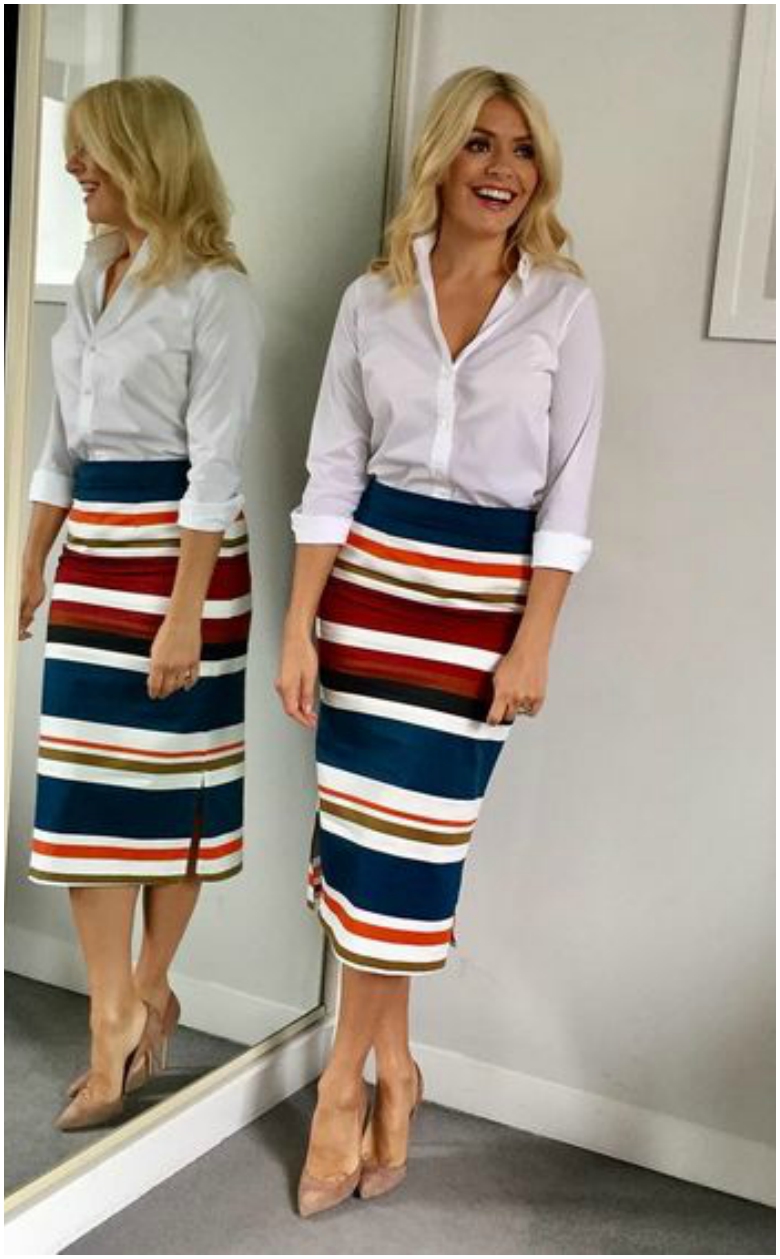 Holly Willoughby striped pencil skirt white shirt