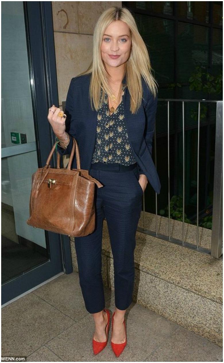Laura Whitmore blue suit with patterned shirt