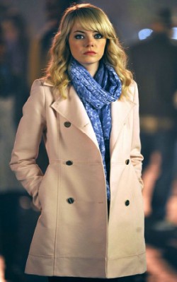 Emma Stone wearing a trench coat with a blue scarf - shop the look