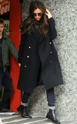 Victoria Beckham street style black coat, jeans and chelsea boots - shop the look