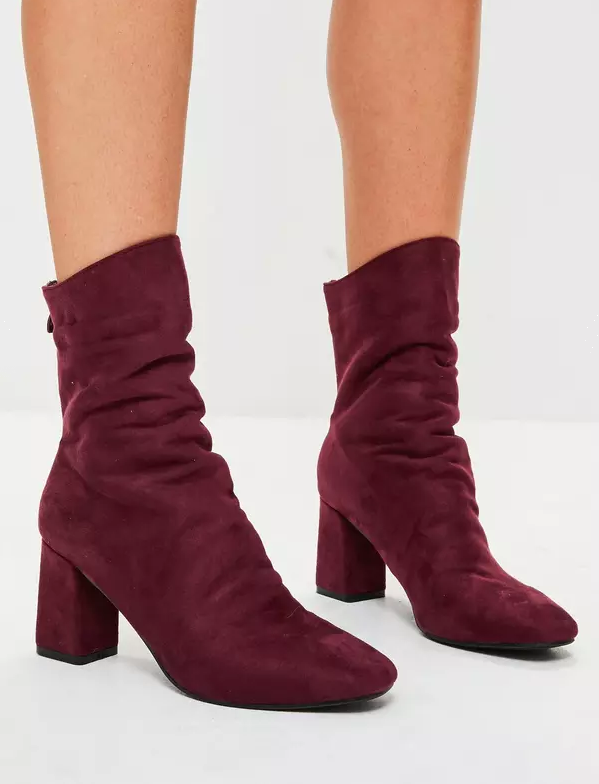 burgundy sock leg suedette midi boots