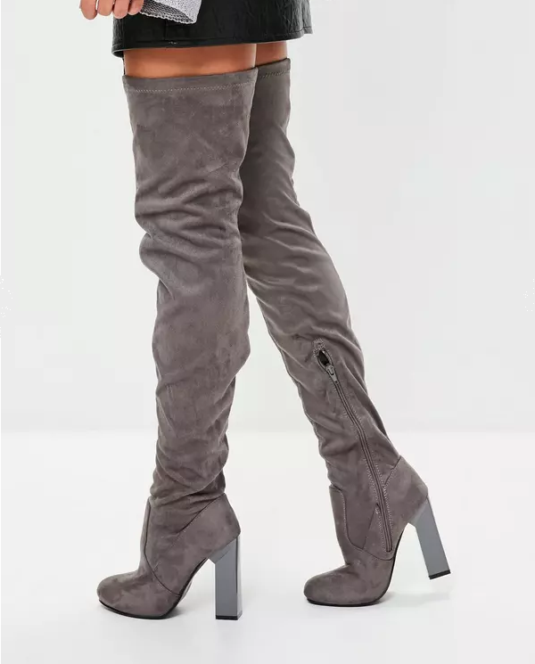 grey feature heel thigh high boots