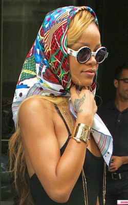 Rihanna fashion style colorful silk scarf and black maxi dress - shop the look