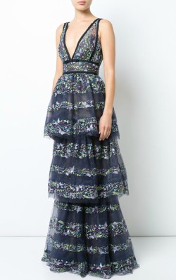 Farfetch Marchesa Notte butterfly embroidery layered gown - $1,195 - full length silver gown