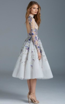 What to wear to a black tie dance - short blue formal dress with tulle skirt and flower detailing