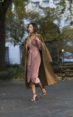 How to style a camel coat dressy - camel coat with wrap around light pink dress in velvety material