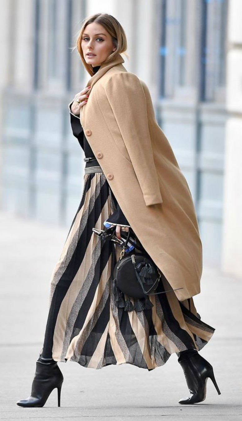 Celebrities wearing camel coats Olivia Palermo - striped skirt, heeled boots and camel coat 