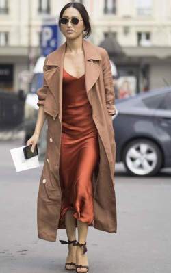 How to style a camel coat dressy - red satin v-neck dress and camel coat