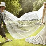 Kate moss wedding dress with veil flowing in the wind