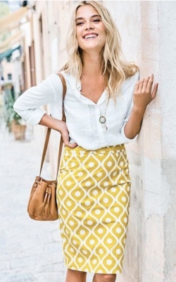 Woman in yellow pencil skirt and white shirt - 50 best pencil skirts