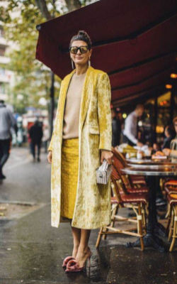 Woman in yellow pencil skirt and coat, fashion week street style - 50 best pencil skirt